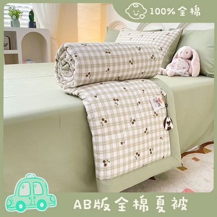丫丫2025全棉夏被碎花卡通小清新简约纯棉夏凉被夏被四件套三件套风格三 樱桃格子绿