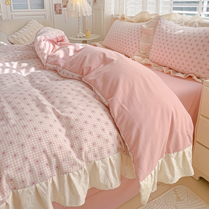 91家纺网 家纺一手货源 找家纺 （总）金梦拉2025新款云朵泡泡纱韩系小碎花格纹系列皱皱纱四件套