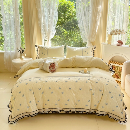 91家纺网 家纺一手货源 找家纺 TT.one 塔塔家居 2025新款全棉法式立体蝴蝶花边四件套--蝶语清风系列 蝶语清风-米