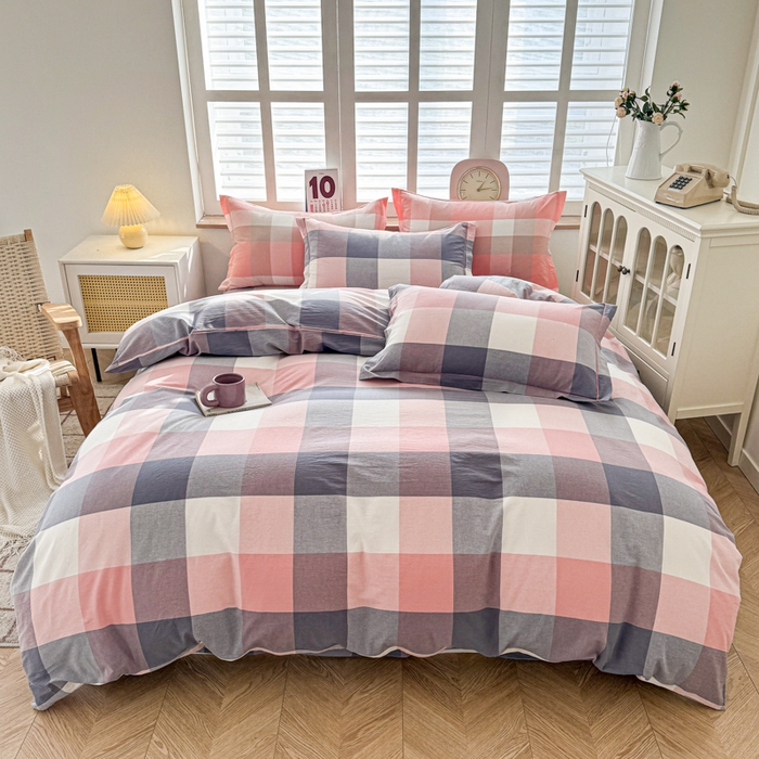 91家纺网 家纺一手货源 找家纺 喜四方 2025新款全棉色织水洗棉四件套 曲奇大格粉