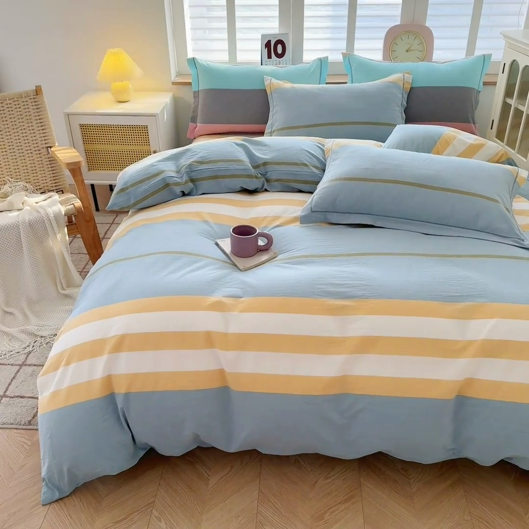 91家纺网 家纺一手货源 找家纺 喜四方 2025新款全棉色织水洗棉四件套 往事-绿