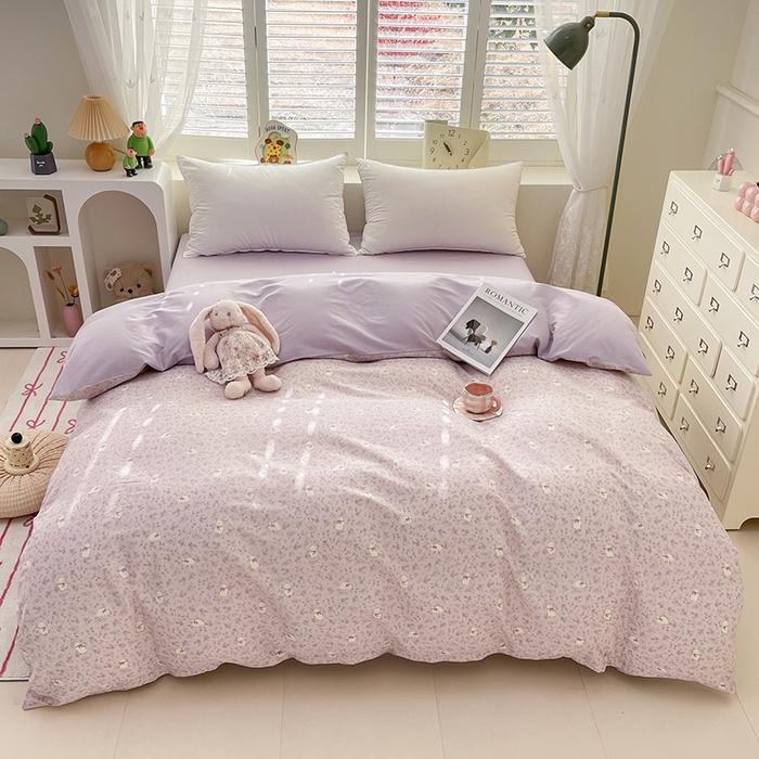 91家纺网 家纺一手货源 找家纺 宜家坊 2025热款全棉四件套学生床三件套单品床单床笠单被套印花小清新卡通碎花纯棉三四件套 紫色小兔