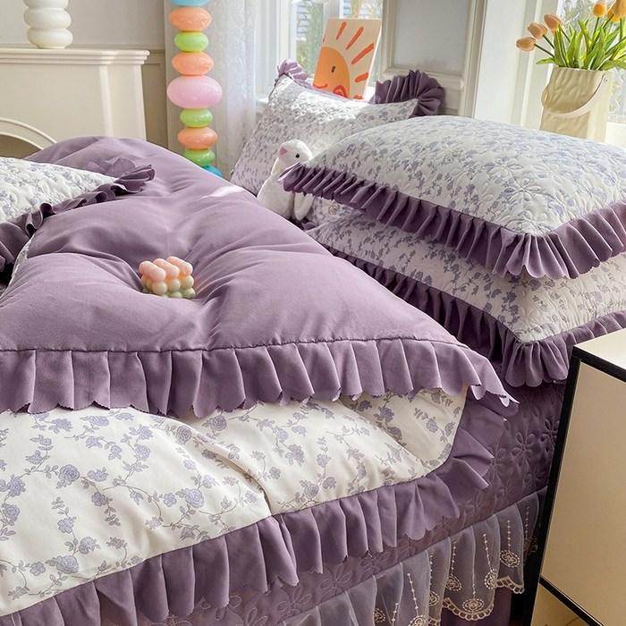 91家纺网 家纺一手货源 找家纺 提花大世界 2025直播热款A类针织棉双层纱夹棉床盖床裙花边单件三件四件套 春日之花