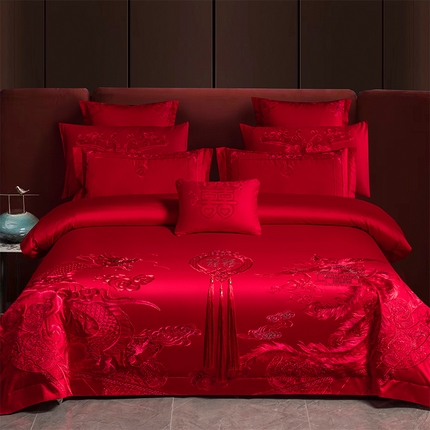博之洋婚庆 2025新款全棉长绒棉刺绣新中式婚庆系列多件套 龙凤爱恋-红