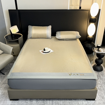 航途席业 2025新款凉席三明治刺绣可水洗碳光冰丝席宽包边艾香系列 艾草刺绣藤席千鸟格床席款咖色