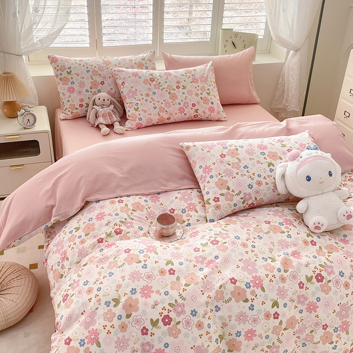 91家纺网 家纺一手货源 找家纺 宜家坊 2025热款全棉四件套学生床三件套单品床单床笠单被套印花小清新卡通碎花纯棉三四件套 粉色浪漫