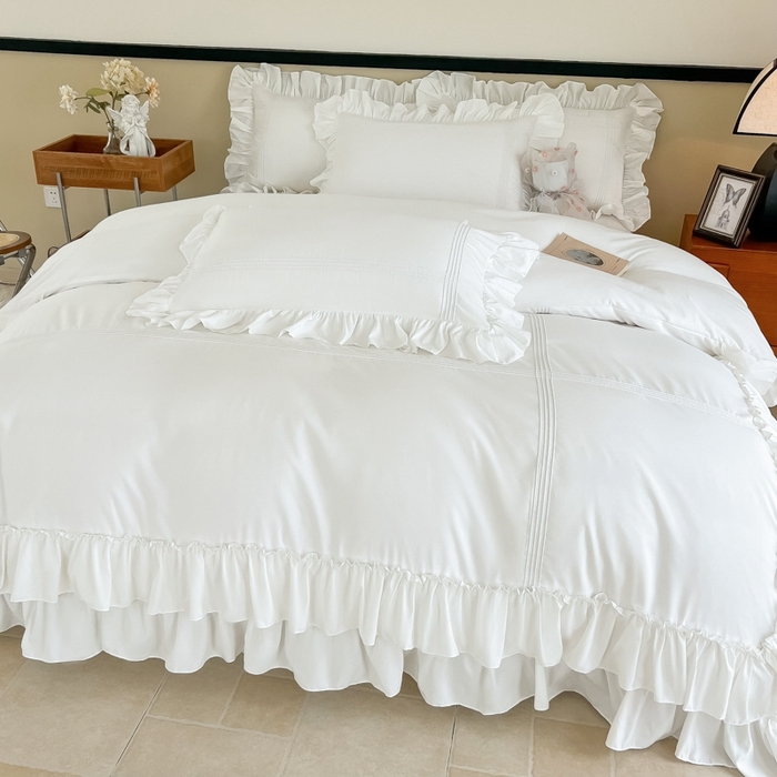 91家纺网 家纺一手货源 找家纺 乐卧家居2026新款法式浪漫经典直条褶边双层荷叶边四件套飘逸系列 飘逸-白