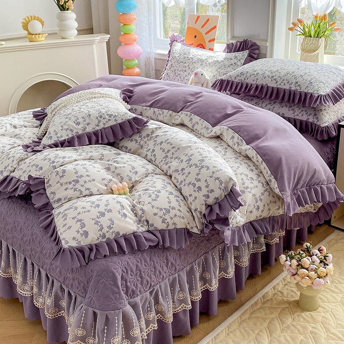 91家纺网 家纺一手货源 找家纺 提花大世界 2025直播热款A类针织棉双层纱夹棉床盖床裙花边单件三件四件套 春日之花