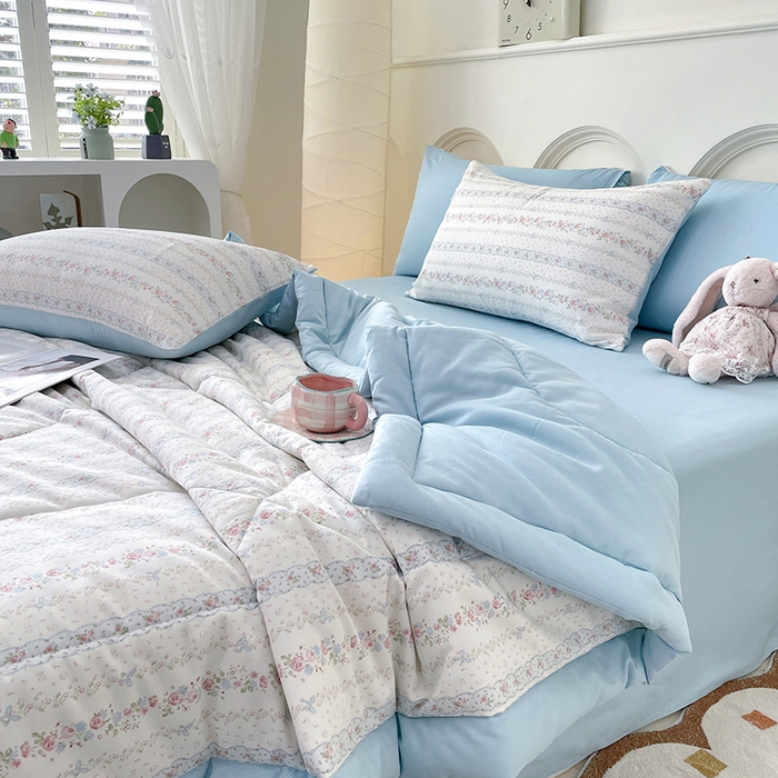 91家纺网 家纺一手货源 找家纺 丫丫家纺2025全棉夏被碎花卡通小清新简约纯棉夏凉被夏被四件套三件套风格三 水苏花条纹