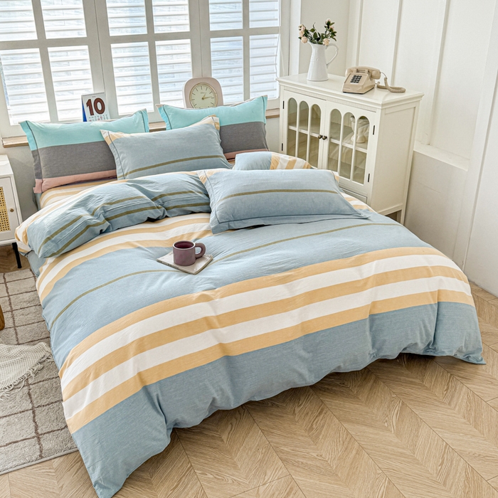 91家纺网 家纺一手货源 找家纺 喜四方 2025新款全棉色织水洗棉四件套 往事-绿