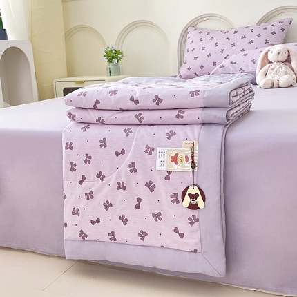 丫丫2025全棉夏被碎花卡通小清新简约纯棉夏凉被夏被四件套三件套风格三 紫色蝴蝶结