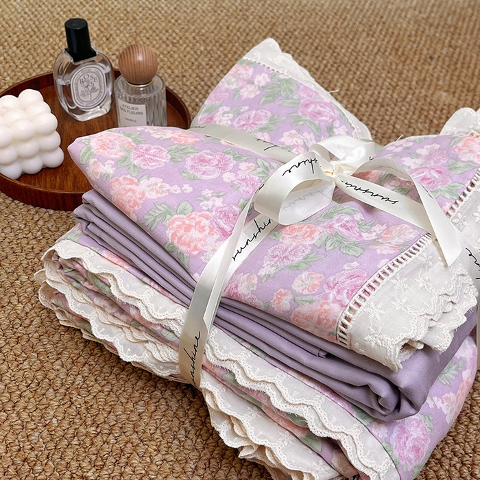 91家纺网 家纺一手货源 找家纺 荣轩家居 2025新款全棉双层纱镂空花边工艺款四件套 漫梨