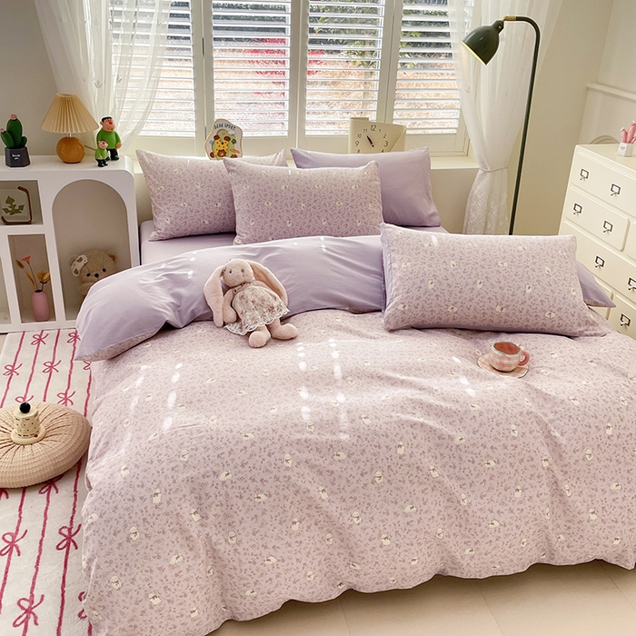 91家纺网 家纺一手货源 找家纺 宜家坊 2025热款全棉四件套学生床三件套单品床单床笠单被套印花小清新卡通碎花纯棉三四件套 紫色小兔