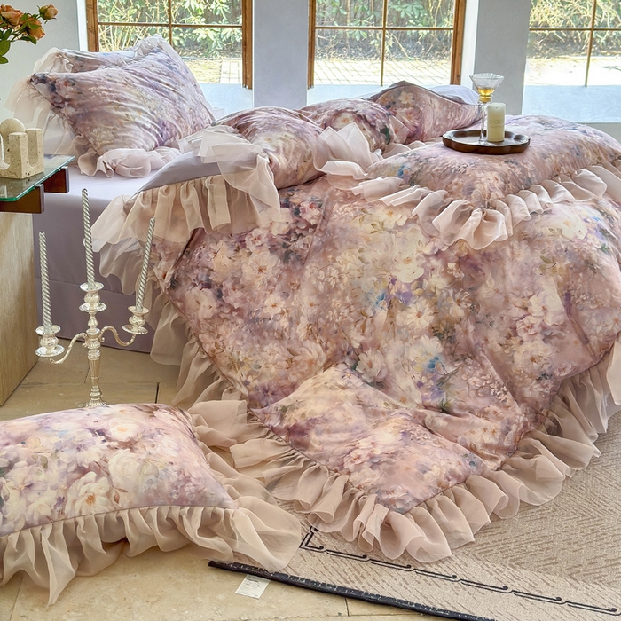 91家纺网 家纺一手货源 找家纺 仟网汇 2025新款韩版棉代尔法式四件套 达芙妮