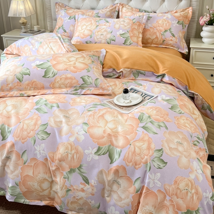 91家纺网 家纺一手货源 找家纺 海洋家纺 2025新款全棉磨毛四件套 富贵满屏 紫