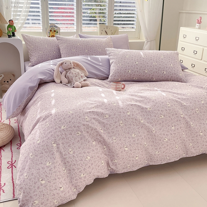 91家纺网 家纺一手货源 找家纺 宜家坊 2025全棉13070单被套印花小清新卡通碎花纯棉单品被套枕套（有预缩售后无忧 免费提供买家秀） 紫色小兔