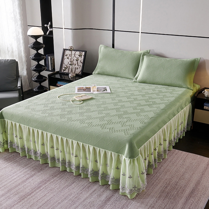 91家纺网 家纺一手货源 找家纺 青雅席业 2025新款7A抗菌母婴级纯乙纶PE刺绣凉感丝豆豆席床单款 斜条纹-水绿