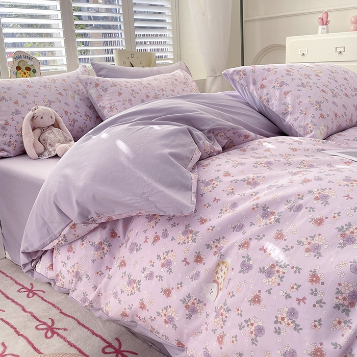 91家纺网 家纺一手货源 找家纺 宜家坊 2025新款全棉13070单床单床笠纯棉单品枕套床笠床单（有预缩尺寸 售后无忧 免费提供买家秀） 紫荆花猫