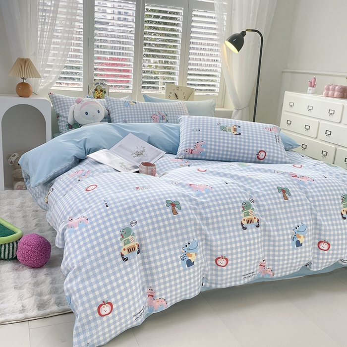 91家纺网 家纺一手货源 找家纺 宜家坊 2025热款全棉四件套学生床三件套单品床单床笠单被套印花小清新卡通碎花纯棉三四件套 小恐龙