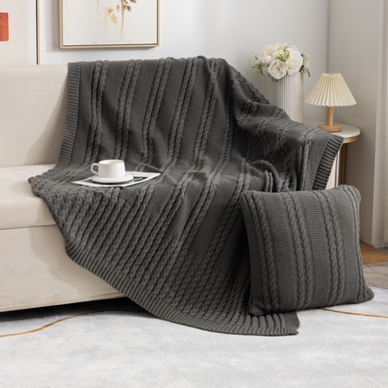 肖恩毯业 2025新款鹿毛绒针织毯纯色素色螺纹镂空苏头北欧毛毯复古沙发毯休闲毯子 中灰色