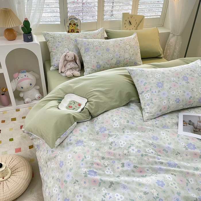 91家纺网 家纺一手货源 找家纺 宜家坊 2025热款全棉四件套学生床三件套单品床单床笠单被套印花小清新卡通碎花纯棉三四件套 绿意盎然