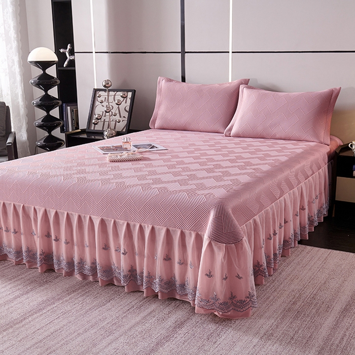 91家纺网 家纺一手货源 找家纺 青雅席业 2025新款7A抗菌母婴级纯乙纶PE刺绣凉感丝豆豆席床单款 斜条纹-粉