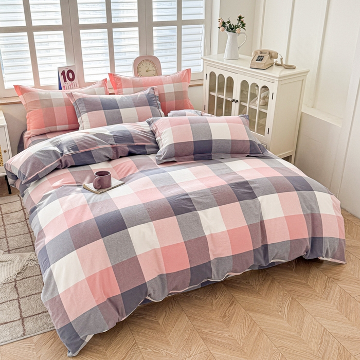 91家纺网 家纺一手货源 找家纺 喜四方 2025新款全棉色织水洗棉四件套 曲奇大格粉