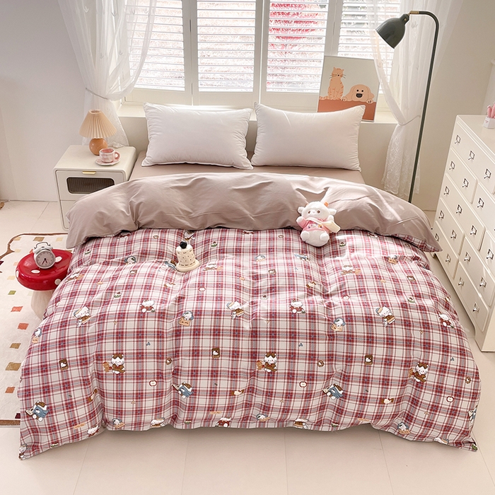 91家纺网 家纺一手货源 找家纺 宜家坊 2025热款全棉四件套学生床三件套单品床单床笠单被套印花小清新卡通碎花纯棉三四件套 格子凯特