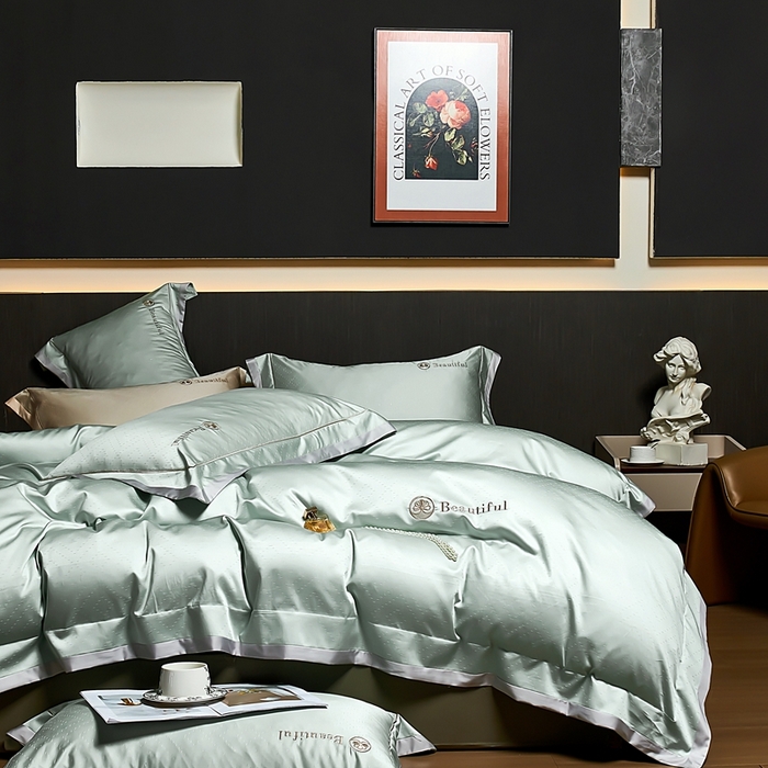 91家纺网 家纺一手货源 找家纺 U品汇 2025新款60支双股120s天丝棉提花莱赛尔纤维刺绣花四件套纯棉全棉凉感丝滑（罗宾） 罗宾-霜叶绿