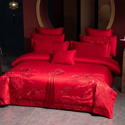 91家纺网 家纺一手货源 找家纺 博之洋婚庆 2025新款全棉长绒棉刺绣新中式婚庆系列多件套 龙凤爱恋-红