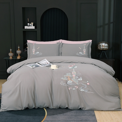 浩情国际婚庆供货中心 2026新品春夏四季款全棉纯棉高端绣花四件套-爱丽莎 爱丽莎-气质灰