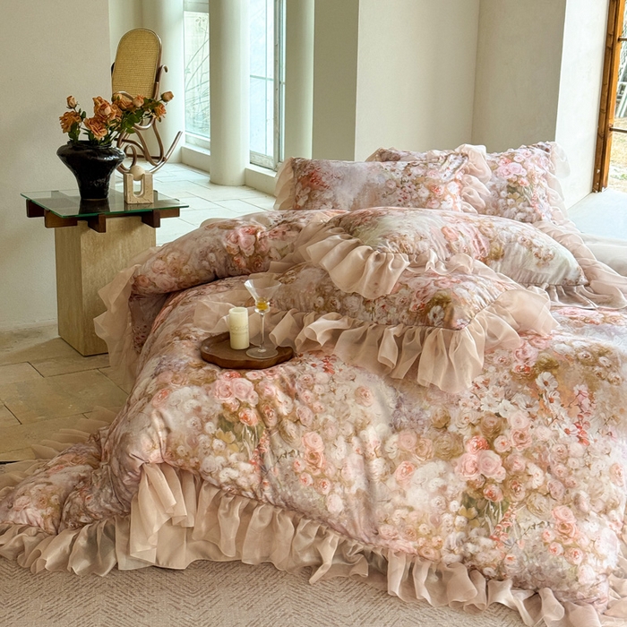 91家纺网 家纺一手货源 找家纺 仟网汇 2025新款韩版棉代尔法式四件套 清风晓