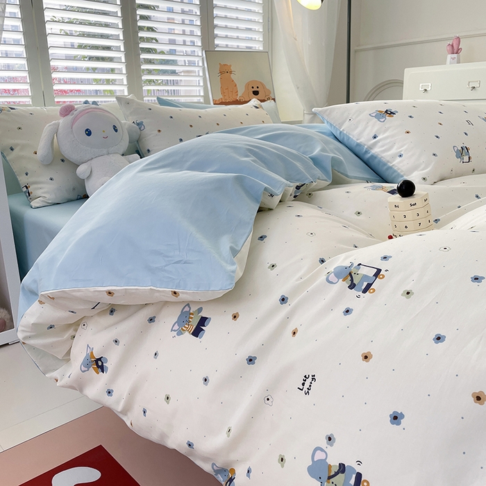 91家纺网 家纺一手货源 找家纺 宜家坊 2025热款全棉四件套学生床三件套单品床单床笠单被套印花小清新卡通碎花纯棉三四件套 波点小象