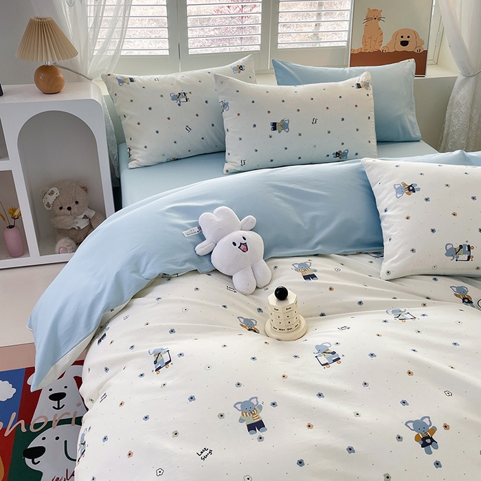 91家纺网 家纺一手货源 找家纺 宜家坊 2025热款全棉四件套学生床三件套单品床单床笠单被套印花小清新卡通碎花纯棉三四件套 波点小象