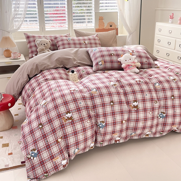 91家纺网 家纺一手货源 找家纺 宜家坊 2025热款全棉四件套学生床三件套单品床单床笠单被套印花小清新卡通碎花纯棉三四件套 格子凯特