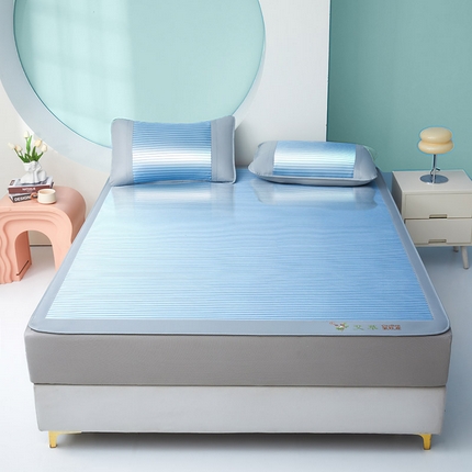 航途席业 2025新款凉席三明治刺绣可水洗碳光冰丝席宽包边艾香系列 艾香冰丝席条纹-静谧蓝