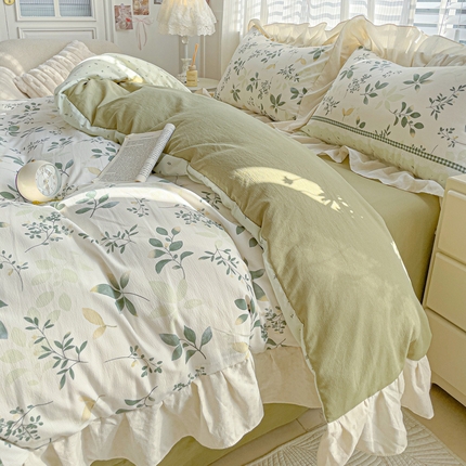 91家纺网 家纺一手货源 找家纺 （总）金梦拉2025新款云朵泡泡纱韩系小碎花格纹系列皱皱纱四件套