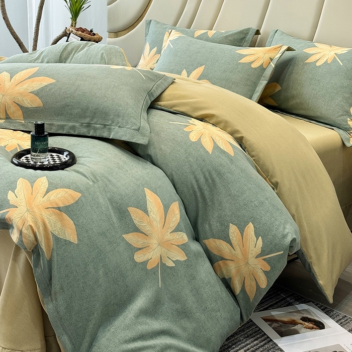 91家纺网 家纺一手货源 找家纺 海洋家纺 2025新款全棉磨毛四件套 枫叶絮