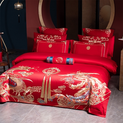 91家纺网 家纺一手货源 找家纺 博之洋婚庆 2025新款全棉长绒棉刺绣新中式婚庆系列多件套 龙凤爱恋-金