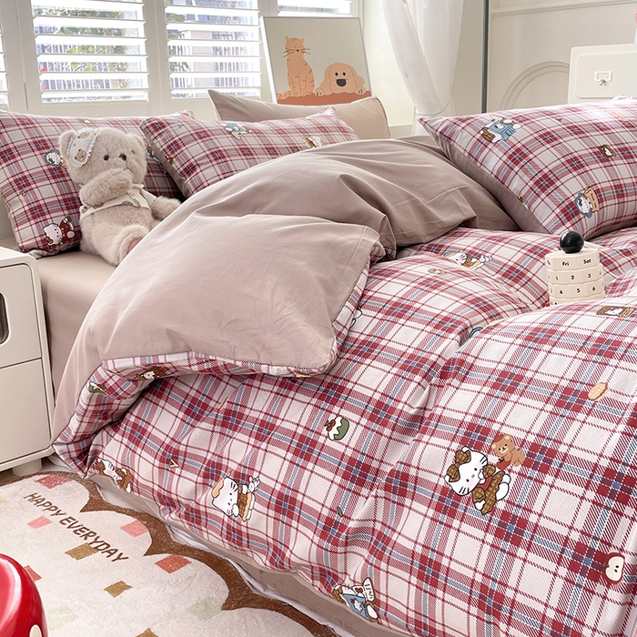 91家纺网 家纺一手货源 找家纺 宜家坊 2025热款全棉四件套学生床三件套单品床单床笠单被套印花小清新卡通碎花纯棉三四件套 格子凯特