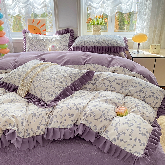 91家纺网 家纺一手货源 找家纺 提花大世界 2025直播热款A类针织棉双层纱夹棉床盖床裙花边单件三件四件套 春日之花