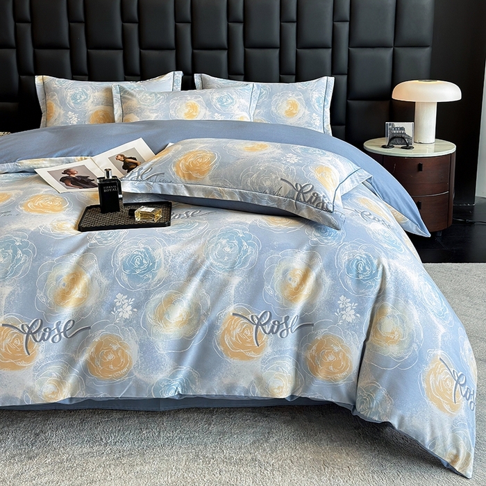 91家纺网 家纺一手货源 找家纺 海洋家纺 2025新款全棉磨毛四件套 花香满园 蓝