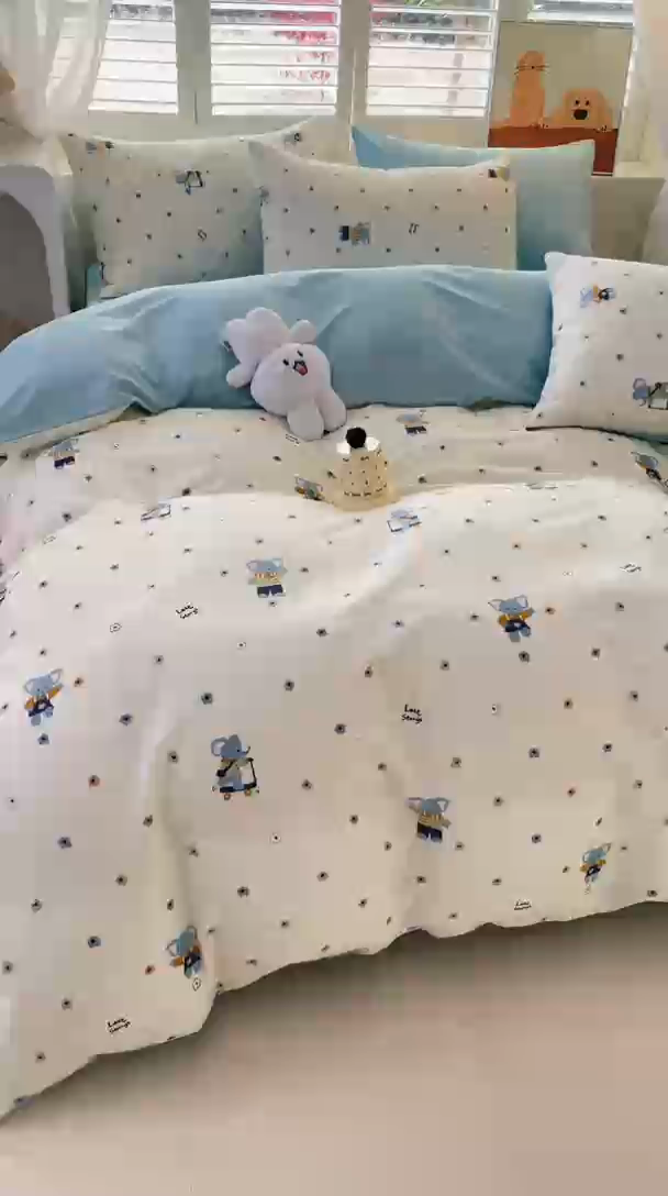 91家纺网 家纺一手货源 找家纺 宜家坊 2025热款全棉四件套学生床三件套单品床单床笠单被套印花小清新卡通碎花纯棉三四件套 波点小象