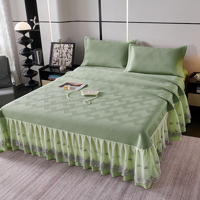 91家纺网 家纺一手货源 找家纺 青雅席业 2025新款7A抗菌母婴级纯乙纶PE刺绣凉感丝豆豆席床单款 斜条纹-水绿