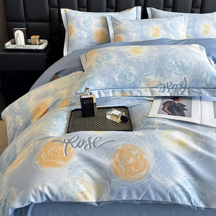 91家纺网 家纺一手货源 找家纺 海洋家纺 2025新款全棉磨毛四件套 花香满园 蓝