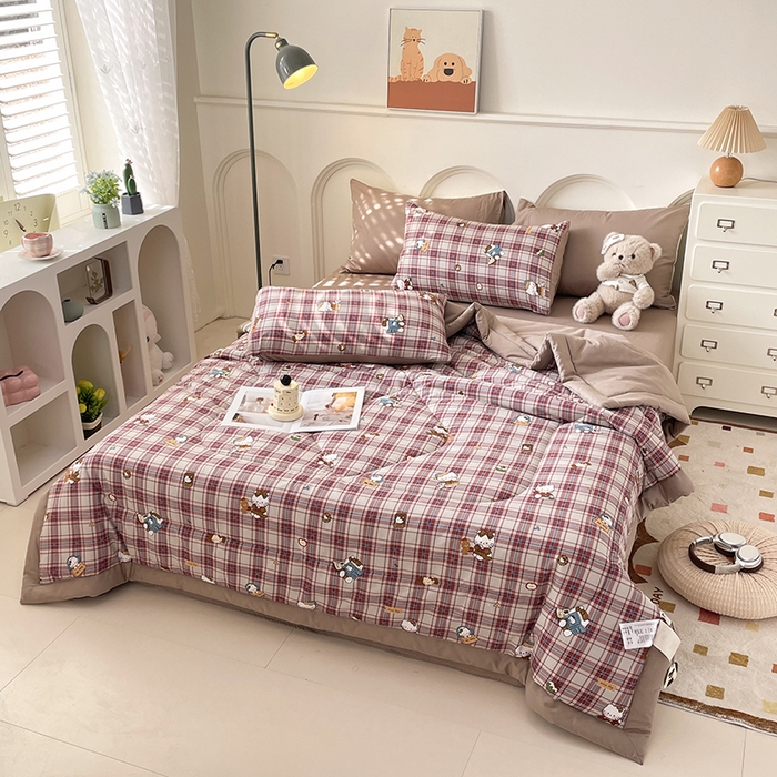 91家纺网 家纺一手货源 找家纺 丫丫家纺2025全棉夏被碎花卡通小清新简约纯棉夏凉被夏被四件套三件套风格三 格子凯特