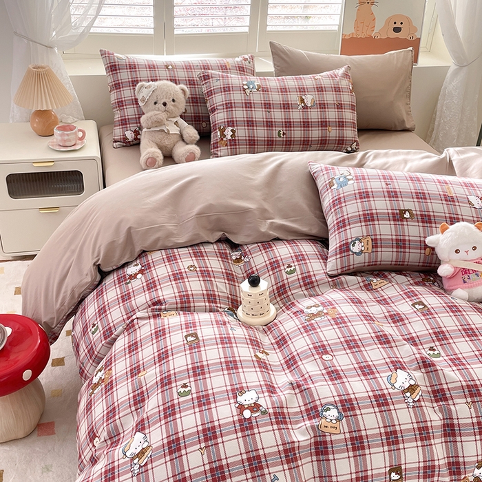 91家纺网 家纺一手货源 找家纺 宜家坊 2025热款全棉四件套学生床三件套单品床单床笠单被套印花小清新卡通碎花纯棉三四件套 格子凯特