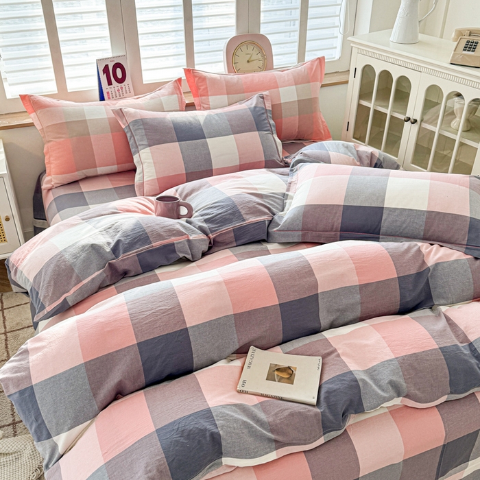 91家纺网 家纺一手货源 找家纺 喜四方 2025新款全棉色织水洗棉四件套 曲奇大格粉