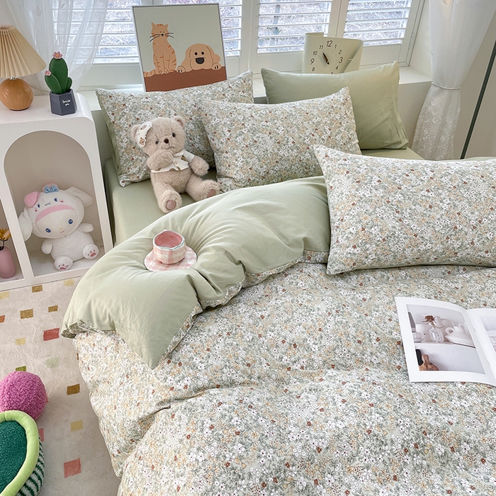 91家纺网 家纺一手货源 找家纺 宜家坊 2025热款全棉四件套学生床三件套单品床单床笠单被套印花小清新卡通碎花纯棉三四件套 繁花似锦绿