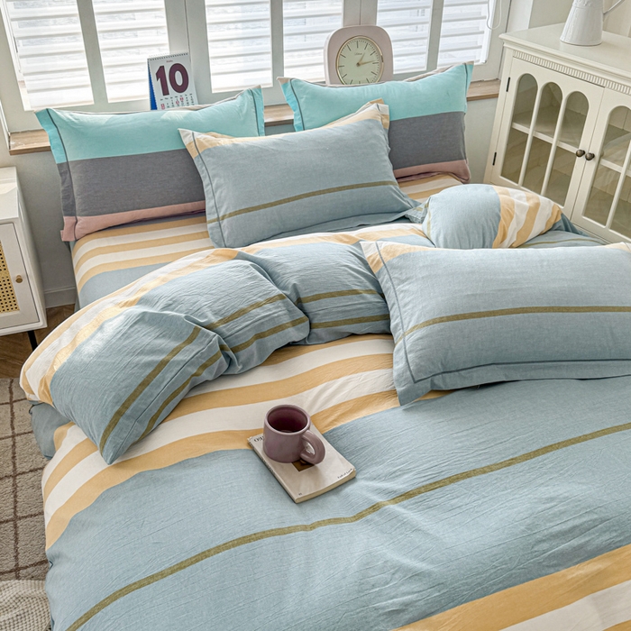 91家纺网 家纺一手货源 找家纺 喜四方 2025新款全棉色织水洗棉四件套 往事-绿